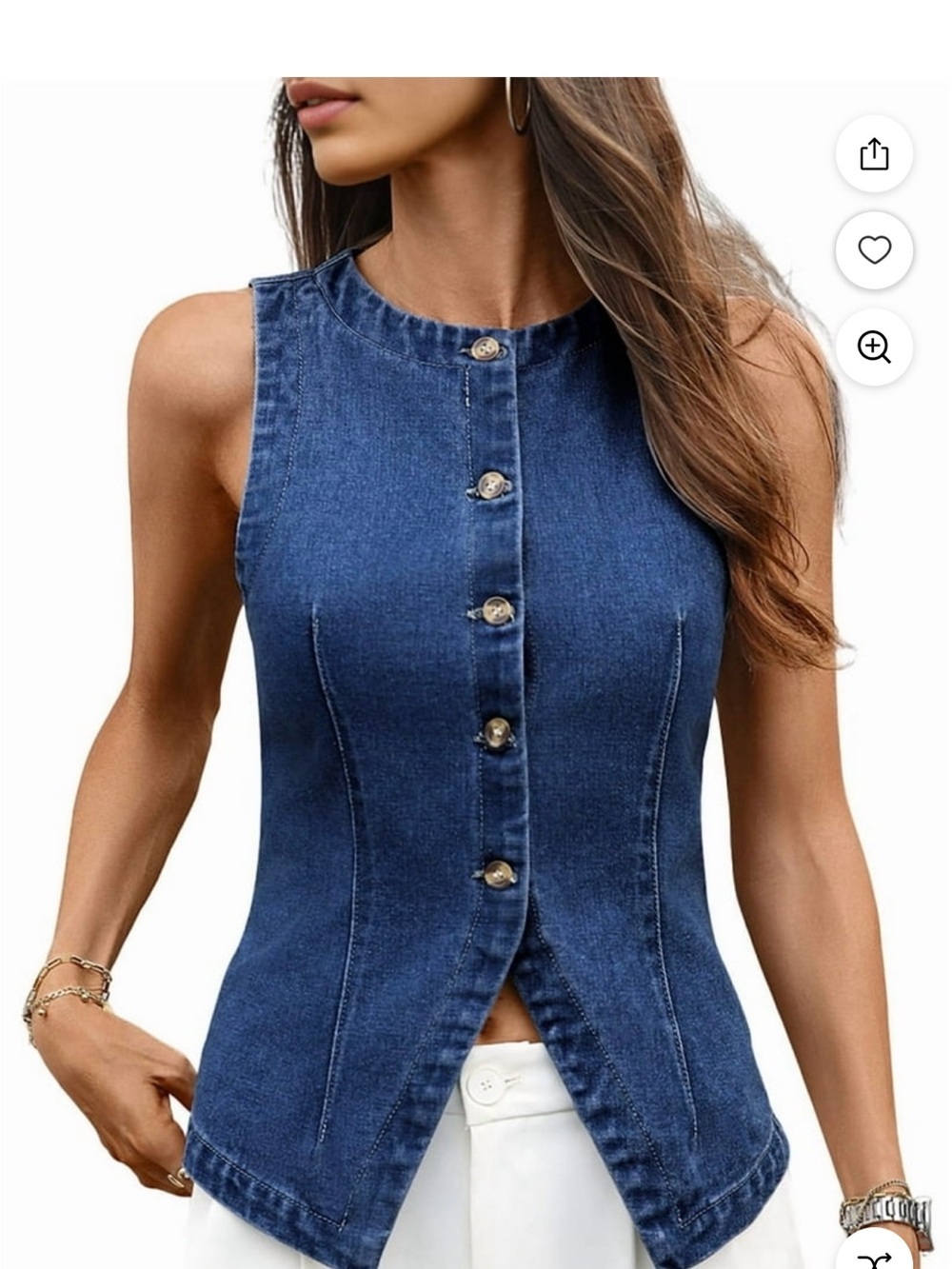 Denim Vest Women Sleeveless Strechy Jean Top Button Down
Crewneck Casual Summer - Picture 2 of 7